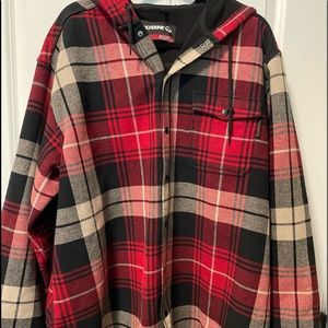 Nice flannel hooded jacket in great shape, red and black